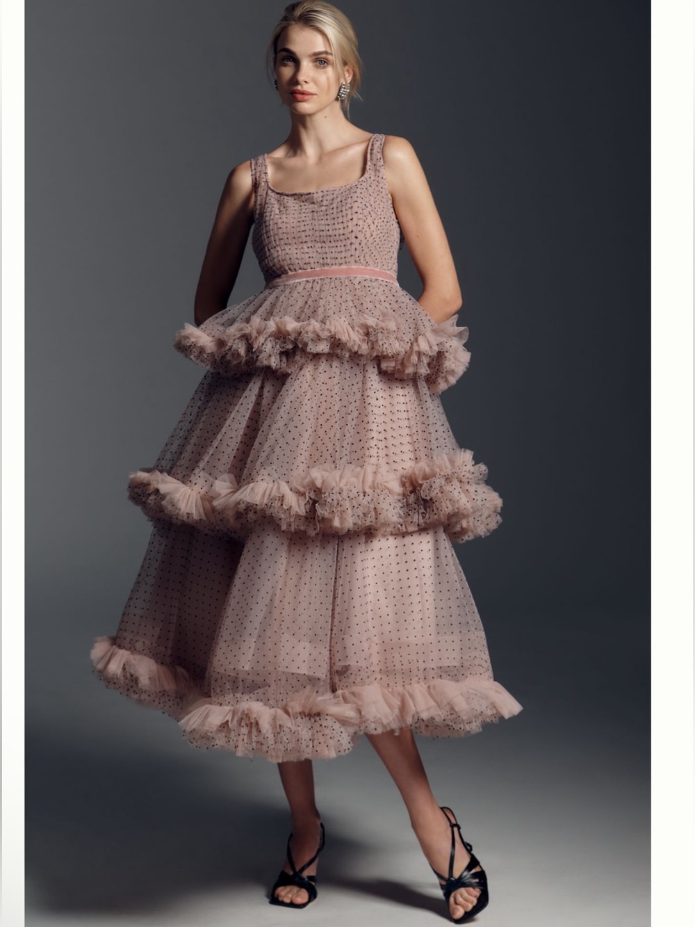 Mac Duggal 20776 Blush Black Polka Dot Tiered Ruffle Dress Anthropologie